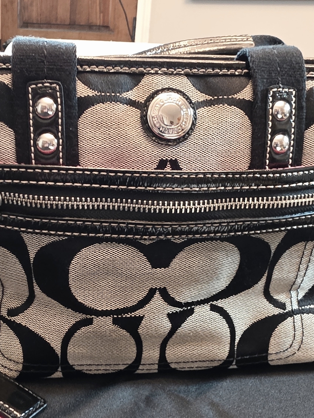Coach Signature Canvas Black and Khaki Tote Bag - Picture 3 of 16